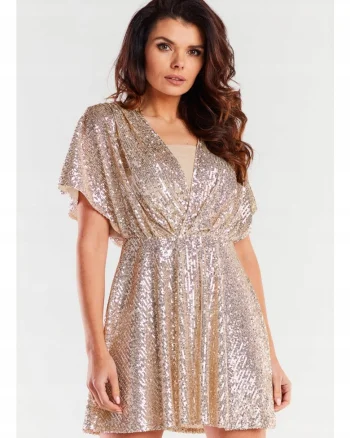 Rochie mini cu paiete, decolteu in V si maneci scurte,, Bej