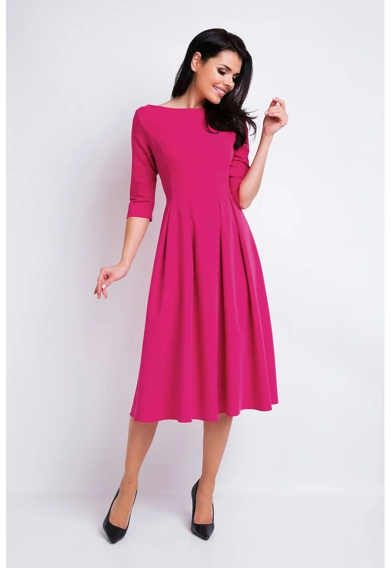 Rochie eleganta midi in clos office cu decolteu barca si maneci 3/4,, Roz