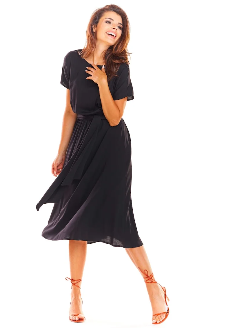 Rochie midi vaporoasa tip chimono din viscoza cu maneci scurte,, Negru