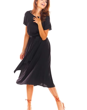 Rochie midi vaporoasa tip chimono din viscoza cu maneci scurte,, Negru