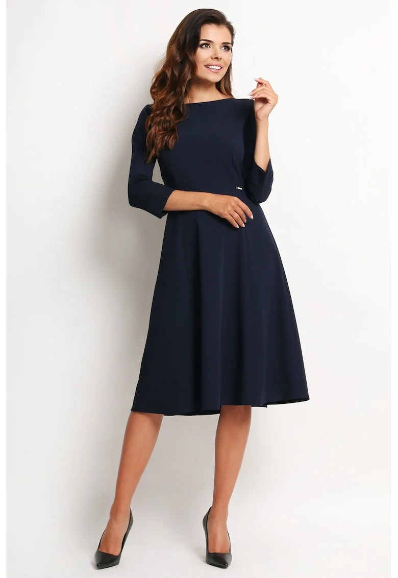 Rochie eleganta de cocktail midi in clos cu decolteu barca si maneci 3/4,, Bleumarin