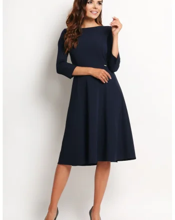 Rochie eleganta de cocktail midi in clos cu decolteu barca si maneci 3/4,, Bleumarin
