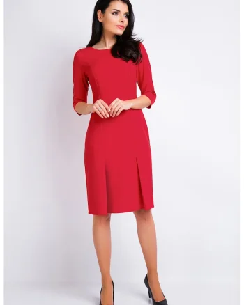 Rochie eleganta office midi cu maneci 3/4 si pliuri,, Rosu