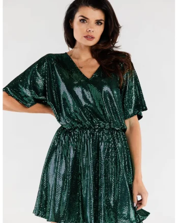 Rochie mini tip chimono cu decolteu in V si maneci scurte,, Verde