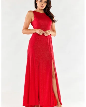 Rochie maxi pe bretele late din tricot stralucitor,, Rosu