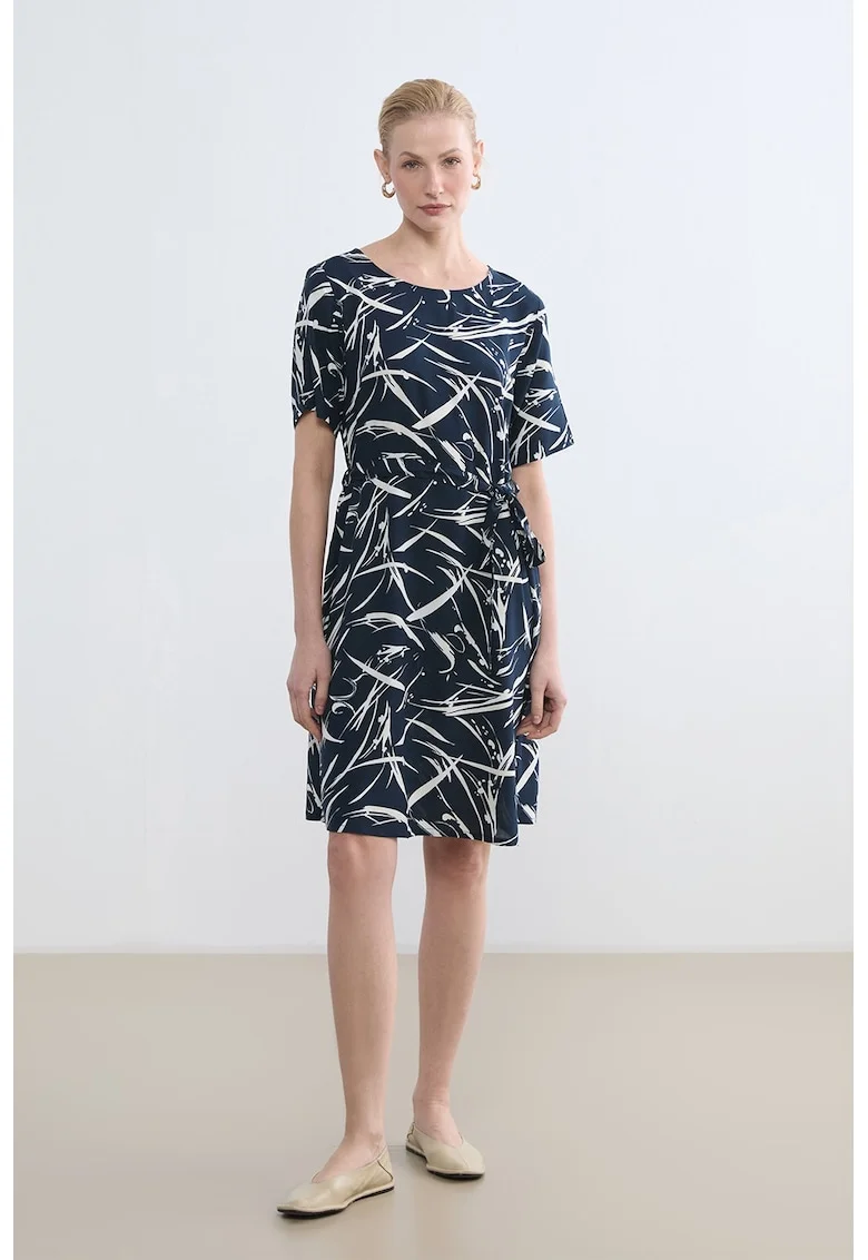 Rochie cu talie medie si decolteu rotund, Alb/Bleumarin
