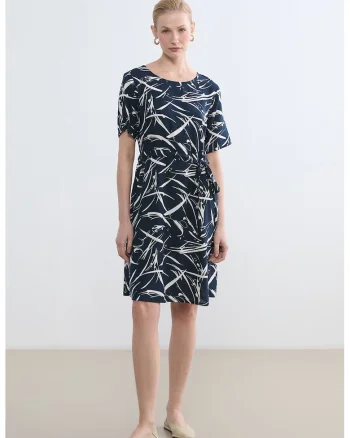 Rochie cu talie medie si decolteu rotund, Alb/Bleumarin