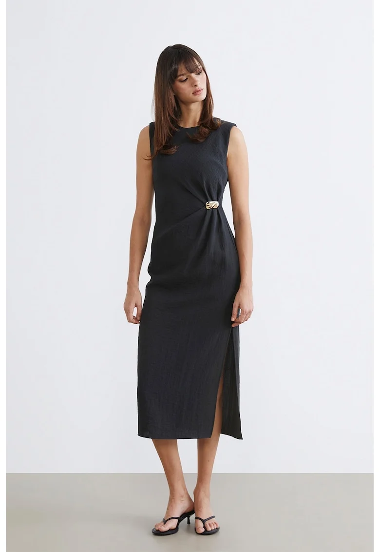 Rochie midi cu slit lateral, Negru