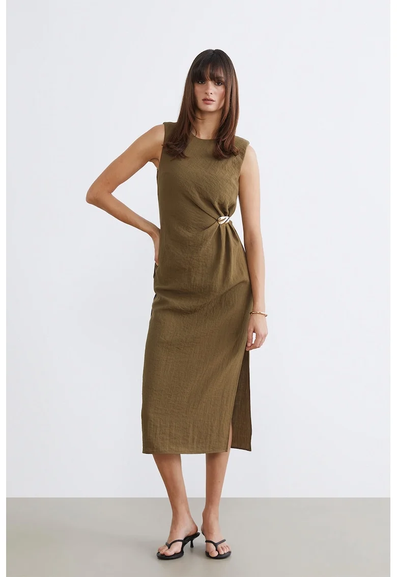 Rochie midi cu slit lateral, Kaki