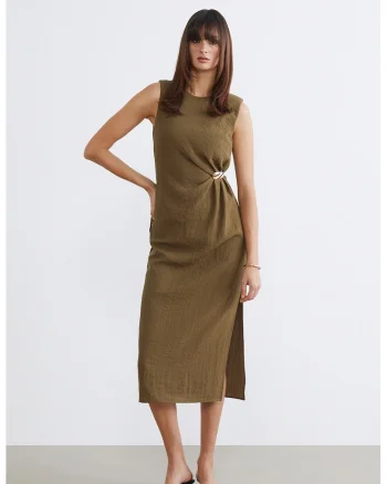Rochie midi cu slit lateral, Kaki