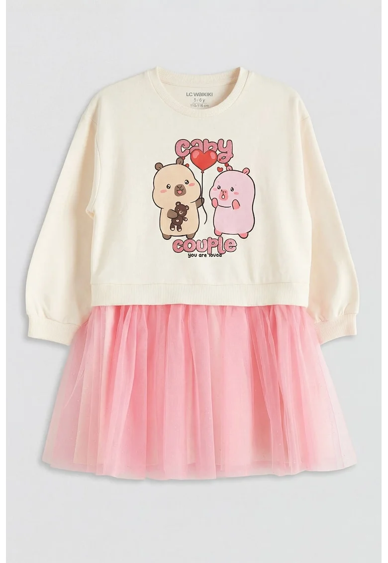 Rochie cu fusta din tul si imprimeu capybara, Maro/Roz/Crem
