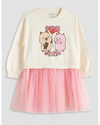 Rochie cu fusta din tul si imprimeu capybara, Maro/Roz/Crem