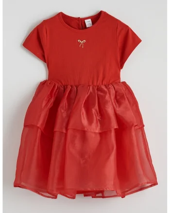 Rochie cu decolteu la baza gatului si model stratificat, Rosu inchis