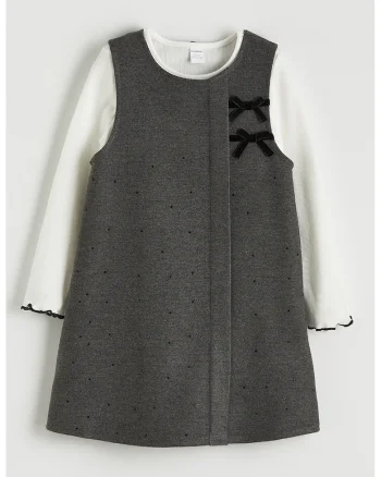 Set de bluza cu model uni si rochie decorata cu strasuri, Alb/Gri inchis