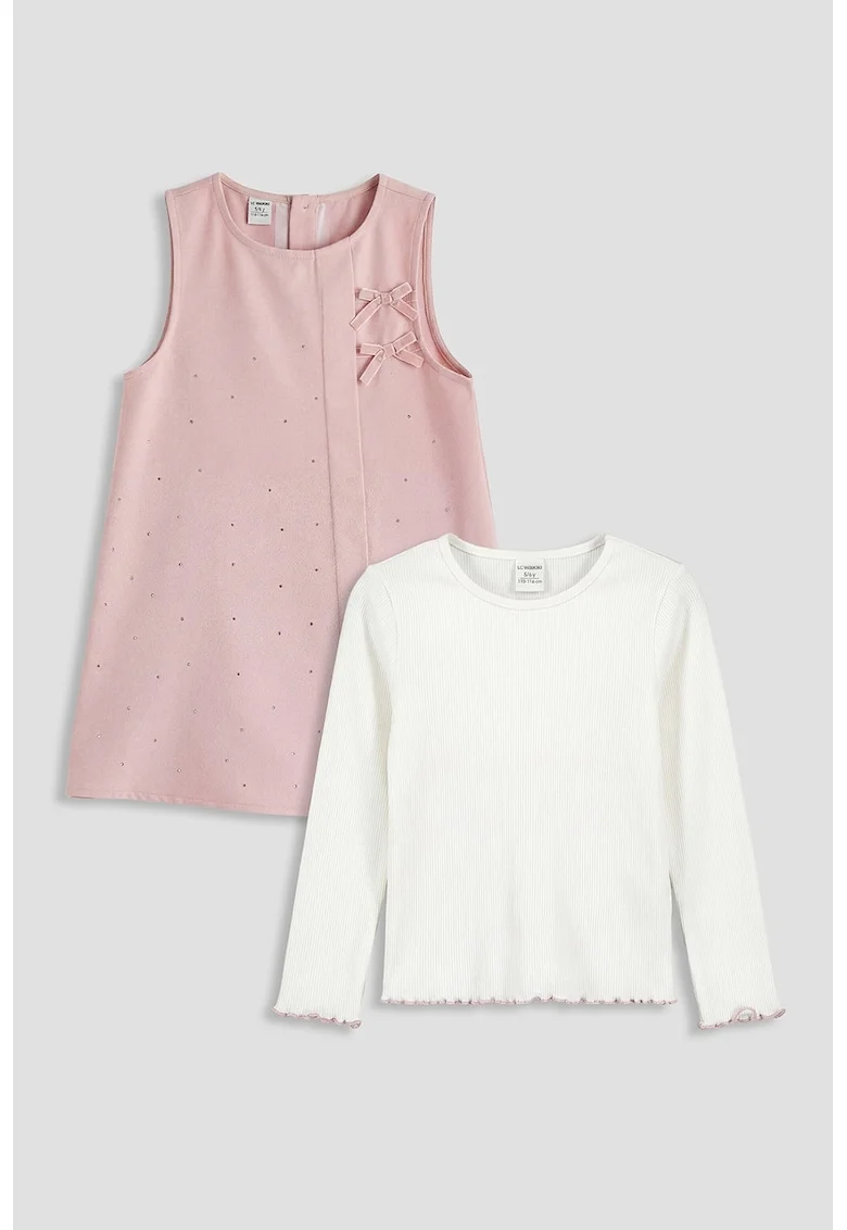Set de bluza cu model uni si rochie decorata cu strasuri, Alb/Roz prafuit