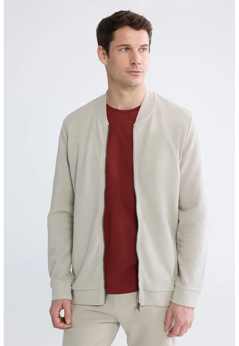 Bluza de trening cu fermoar si guler baseball, Bej deschis
