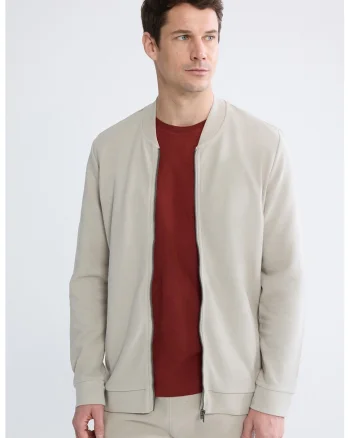 Bluza de trening cu fermoar si guler baseball, Bej deschis
