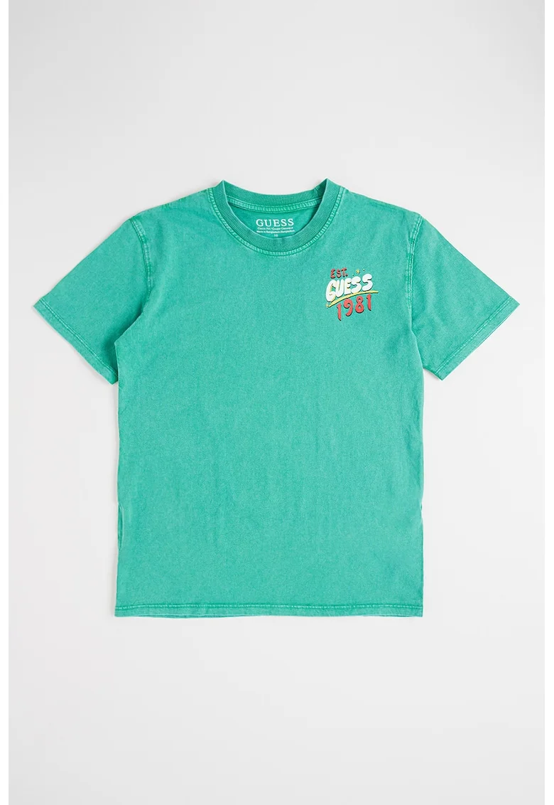 Tricou din bumbac cu aspect decolorat si imprimeu logo, Verde aquamarin