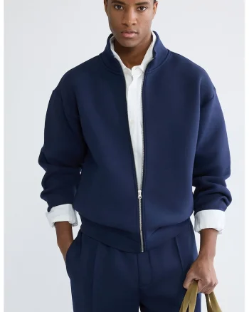 Bluza de trening cu fermoar si maneci cazute, Bleumarin