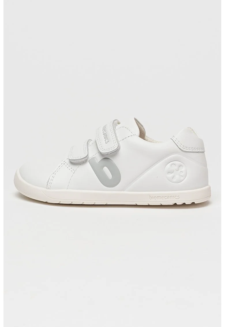 Pantofi sport de piele cu logo si velcro, Alb