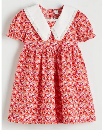 Rochie evazata cu imprimeu floral, Rosu/Alb/Portocaliu