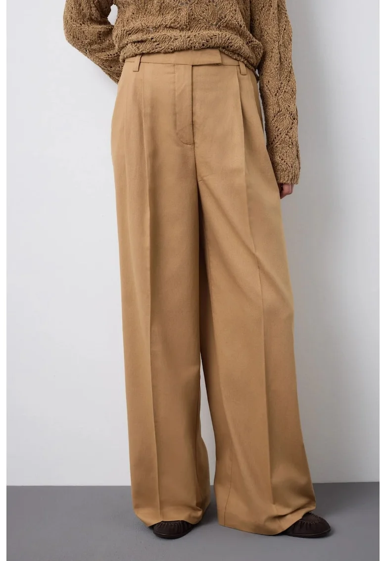Pantaloni lungi din amestec de bumbac si in, Maro