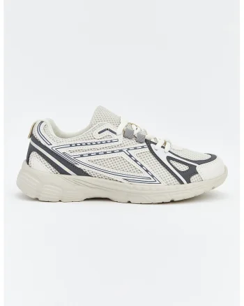 Pantofi sport de piele ecologica cu insertii de plasa, Alb fildes/Gri antracit
