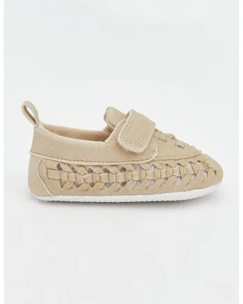 Pantofi crib din material textil cu aspect tesut, Bej inchis