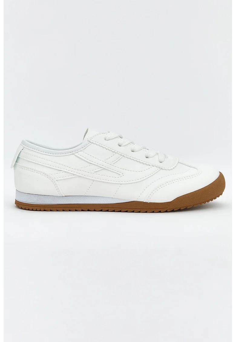 Pantofi sport din piele ecologica cu model uni si sireturi, Alb