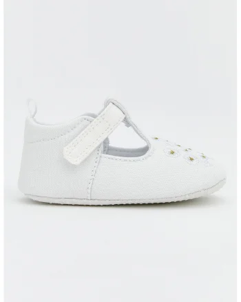 Pantofi crib din material textil cu broderii florale, Alb