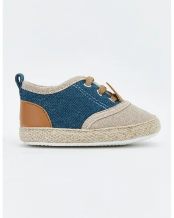 Pantofi crib din denim cu garnituri din piele ecologica, Maro taupe deschis/Albastru inchis melange