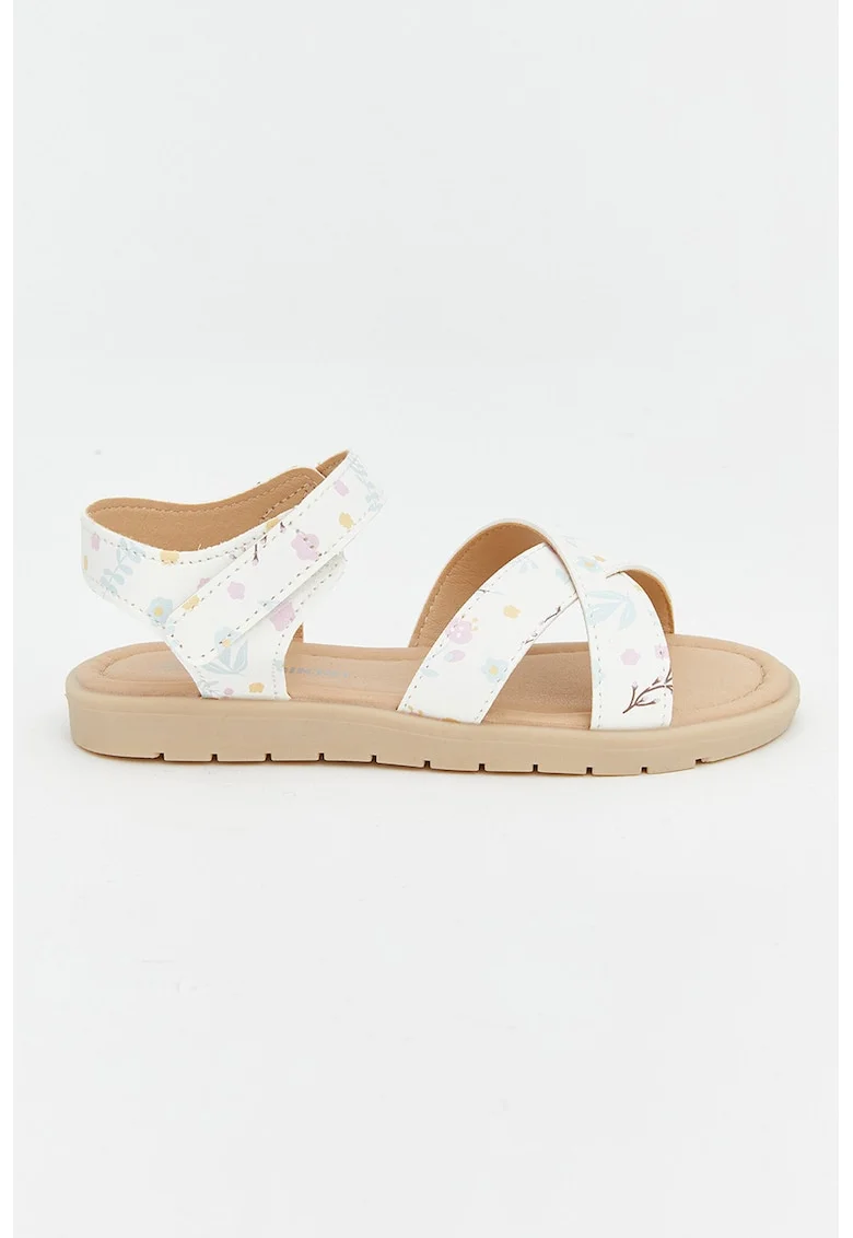 Sandale din piele ecologica cu imprimeu floral, Alb/Roz pastel/Albastru glaciar