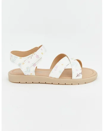 Sandale din piele ecologica cu imprimeu floral, Alb/Roz pastel/Albastru glaciar