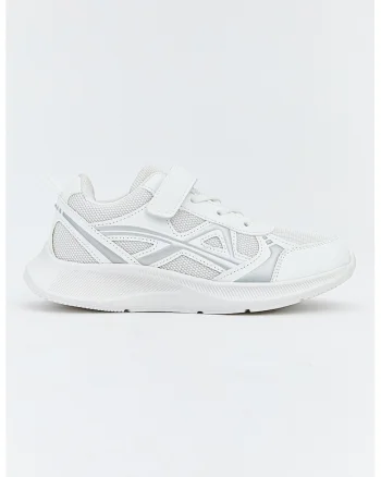 Pantofi sport din material textil si sintetic cu inchidere velcro, Alb