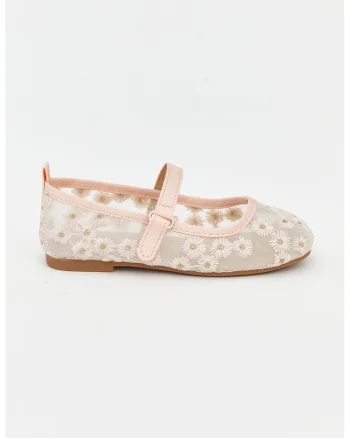 Balerini Mary Jane cu broderie, Alb fildes/Piersica