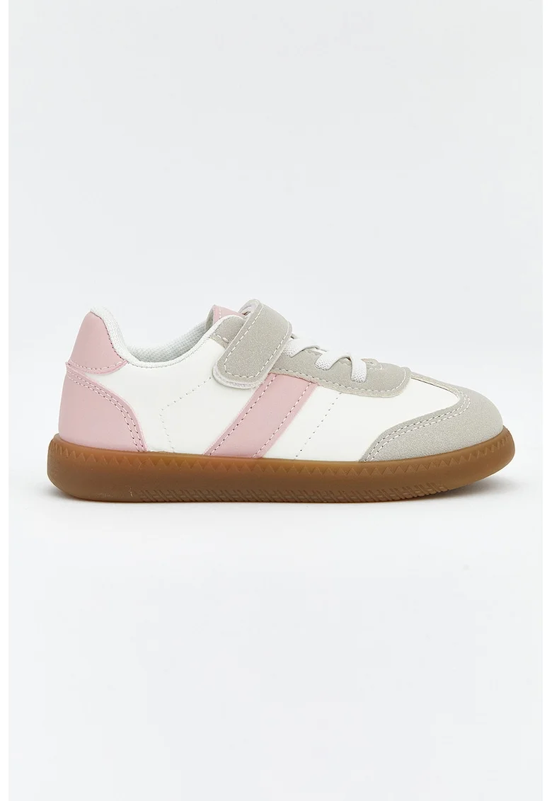 Pantofi sport din piele ecologica cu sireturi elastice, Alb/Roz pastel/Grej