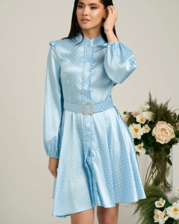 Rochie Dy Fashion bleu cu buline si curea in talie