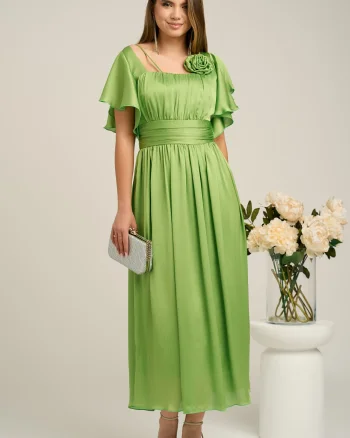 Rochie lunga eleganta din voal verde cu floare la bust- Moze