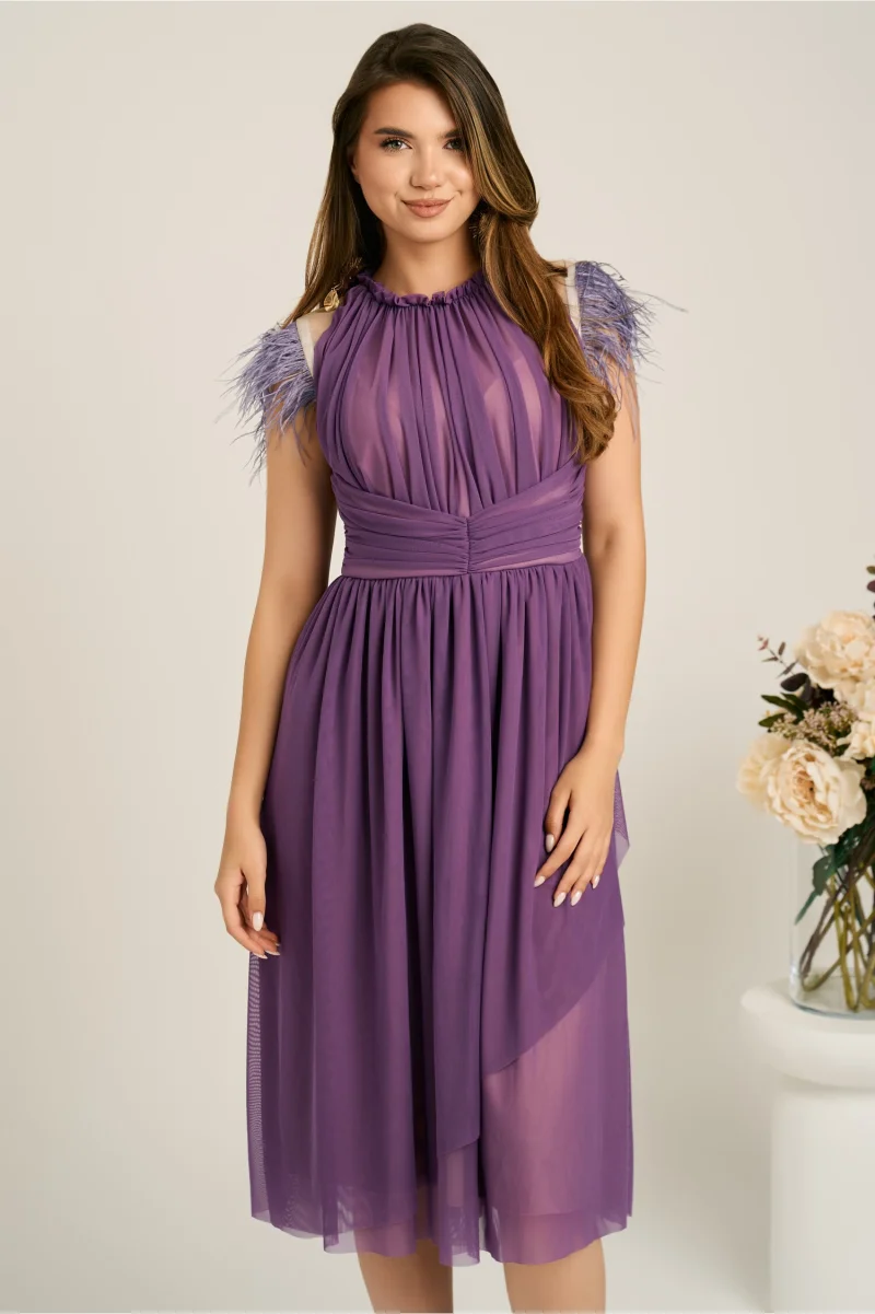 Rochie DY Fashion midi din tull mov in clos cu pene la umeri