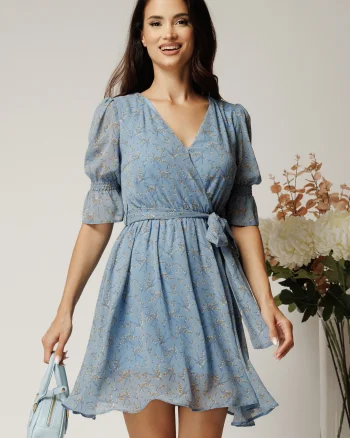Rochie DY Fashion scurta bleu din voal cu imprimeu gri si cordon in talie