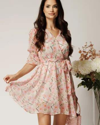 Rochie DY Fashion scurta alba din voal cu flori roz si cordon in talie