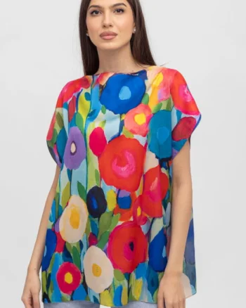 Bluza de vara tip poncho din matase cu imprimeu flori picturale