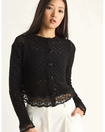 Pulover dama, HiCCUP, cardigan tricotat cu nasturi si detalii din dantela, negru, tricot,