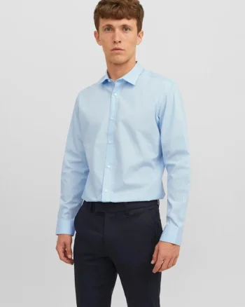 Camasa barbati, din amestec de bumbac, Slim Fit, Albastru deschis