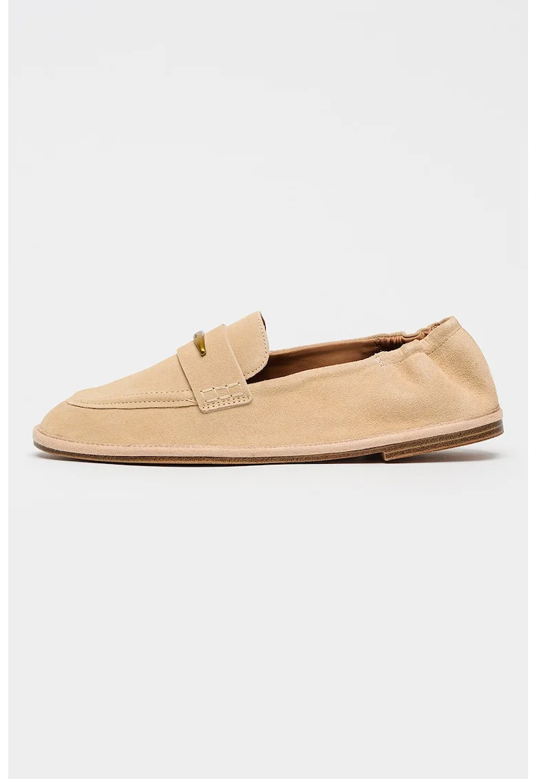 Pantofi loafer din piele intoarsa cu detaliu metalic, Bej deschis