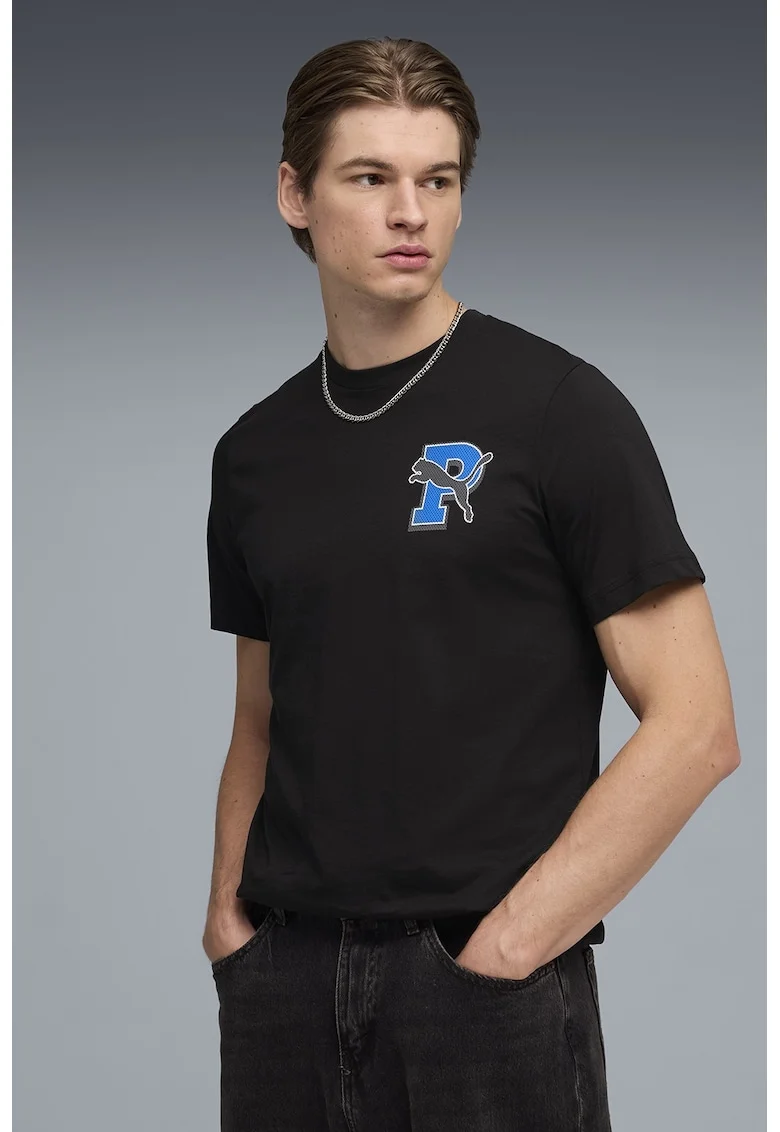 Tricou din bumbac cu imprimeu logo pe partea din spate, Negru/Albastru royal