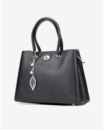 Geanta dama din piele texturata cu ornament, Negru