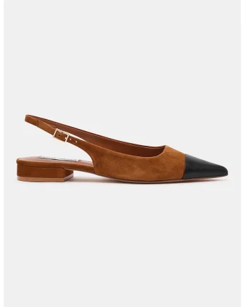 Pantofi slingback de piele intoarsa cu garnitura contrastanta de piele, Negru/Maro scortisoara