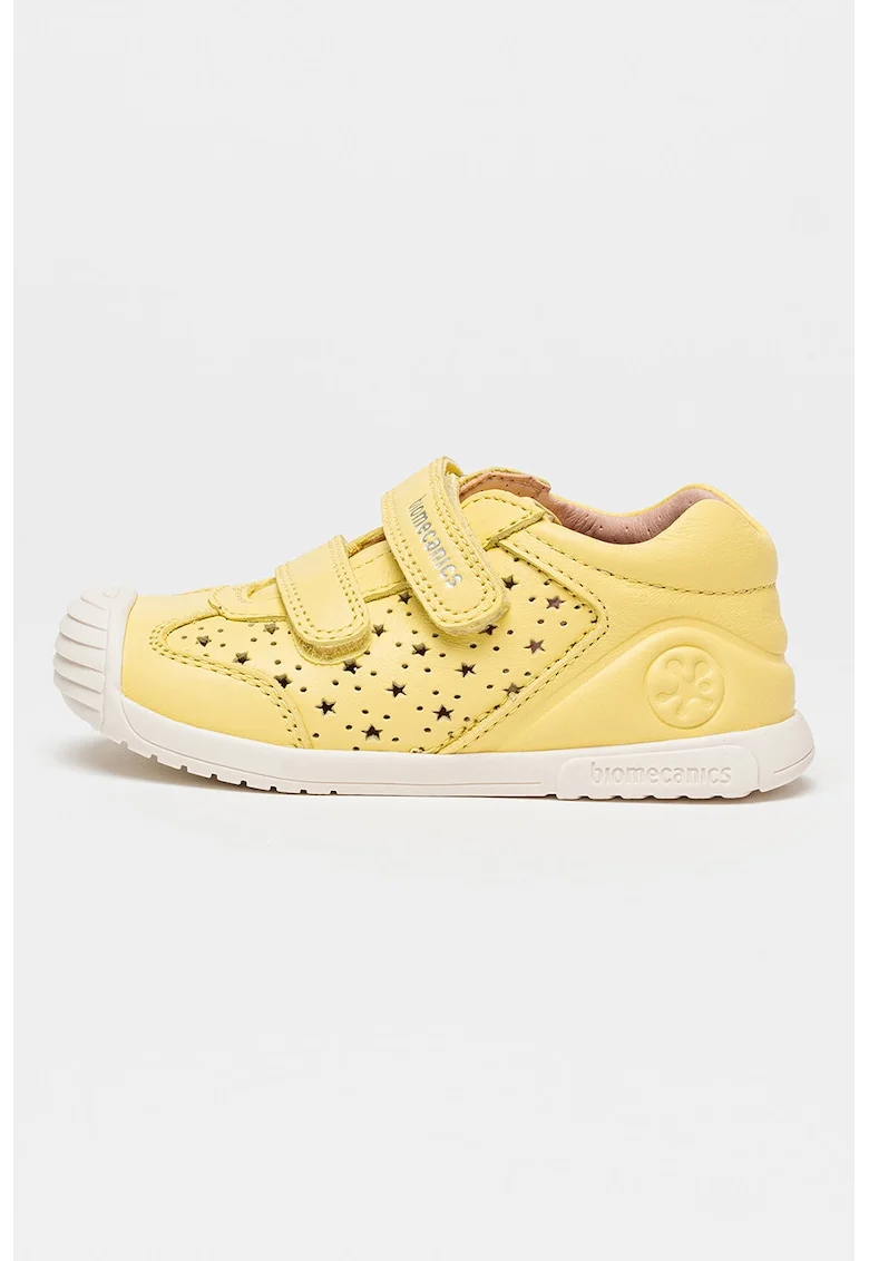 Pantofi sport de piele cu velcro si perforatii, Galben pai