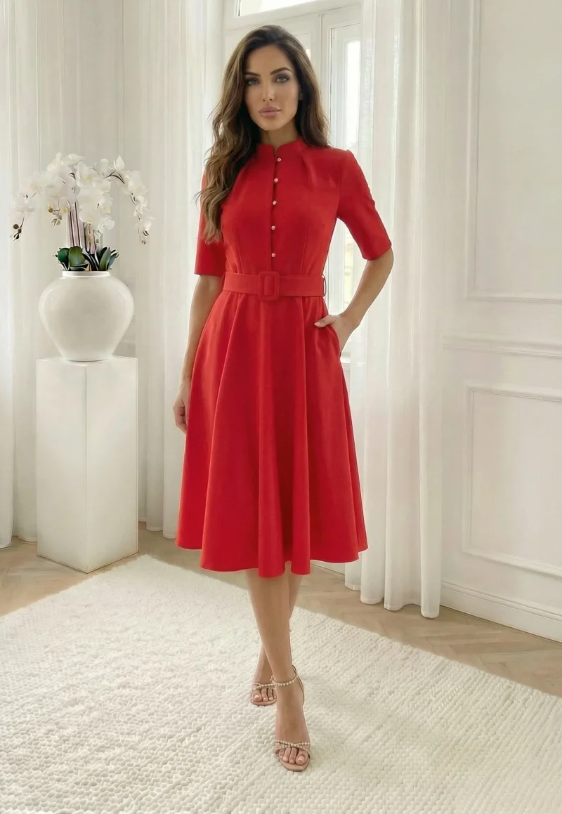 Rochie midi eleganta rosie cu na...